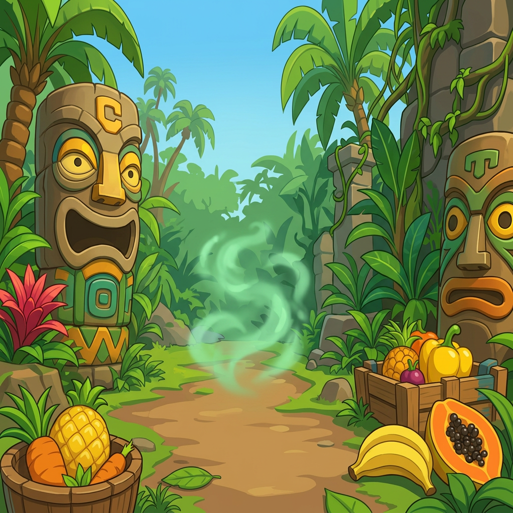 AI Design for MAKE AAN ENVIROMENT WITH THIS AESTHETIC MAKE IT SIMPLE CLEAN CARTOONY SIMPLER CLEAN NOT TO CONFUSING WITH FRUIT PALM TREES VINES like an indie game3