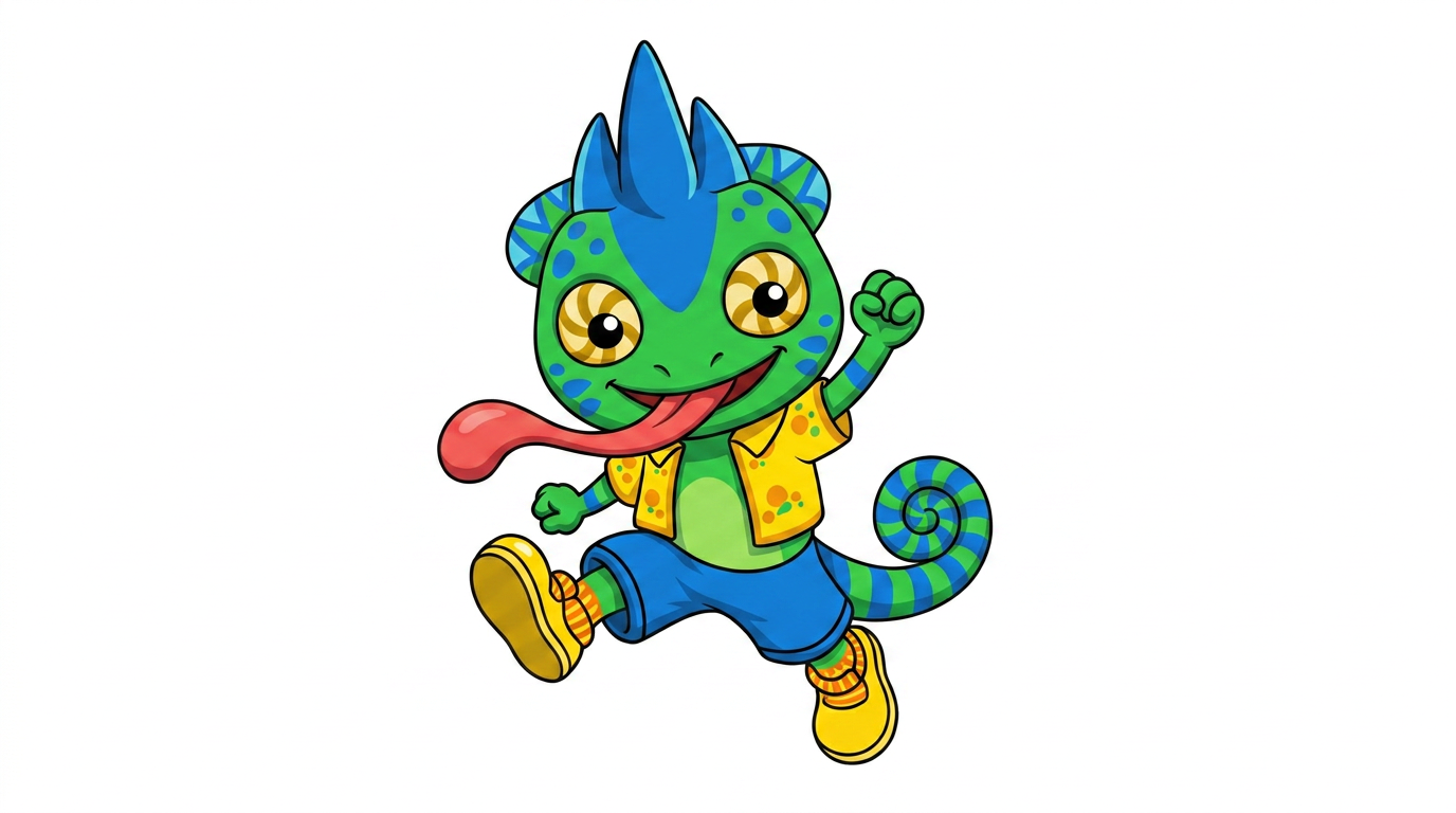 AI Design for the firsdt image has the pose i want to replicate which also has the same drawing style i want to repliocate to the second image with the small blue chameleon which should face the other direction on a white backdrop make him face the right and make him small and chubby MAKE HIM FACCE TO THE RIGH SIDE OF THE IMAGE