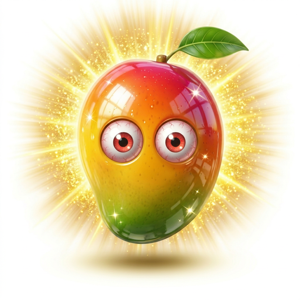 AI Design for big shiny glossy video game collectible mango white background and make it have a golden shine behind them give it a leaf stem and give him eyes and make him happy scrap the mouth and give him ggogly eyes like so