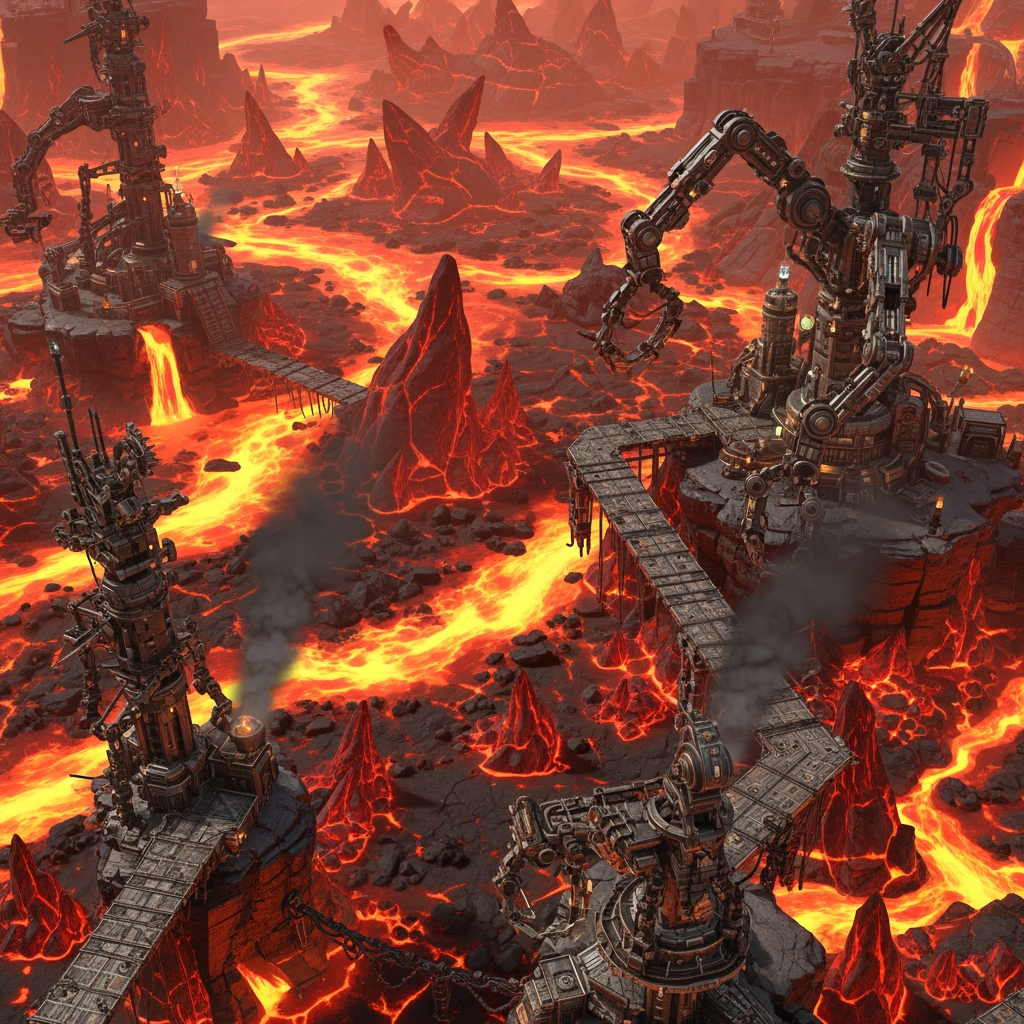 AI Design for make a video game world with many robotic mechanical elements like metal and also make it be in a lethal place full of lava rocks of magma as a background with no charachters a lot of smoke and game vibe and magma rocks and rocks are reddish orange to add to the vibe