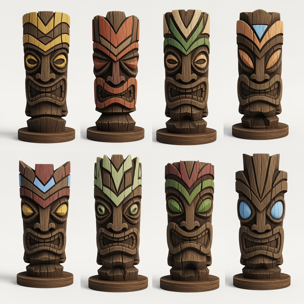 AI Design for make more tiki statue variants and make them more video game like one at a time with white background wooden base and colour patterns not to color full and more wood like and not too angry