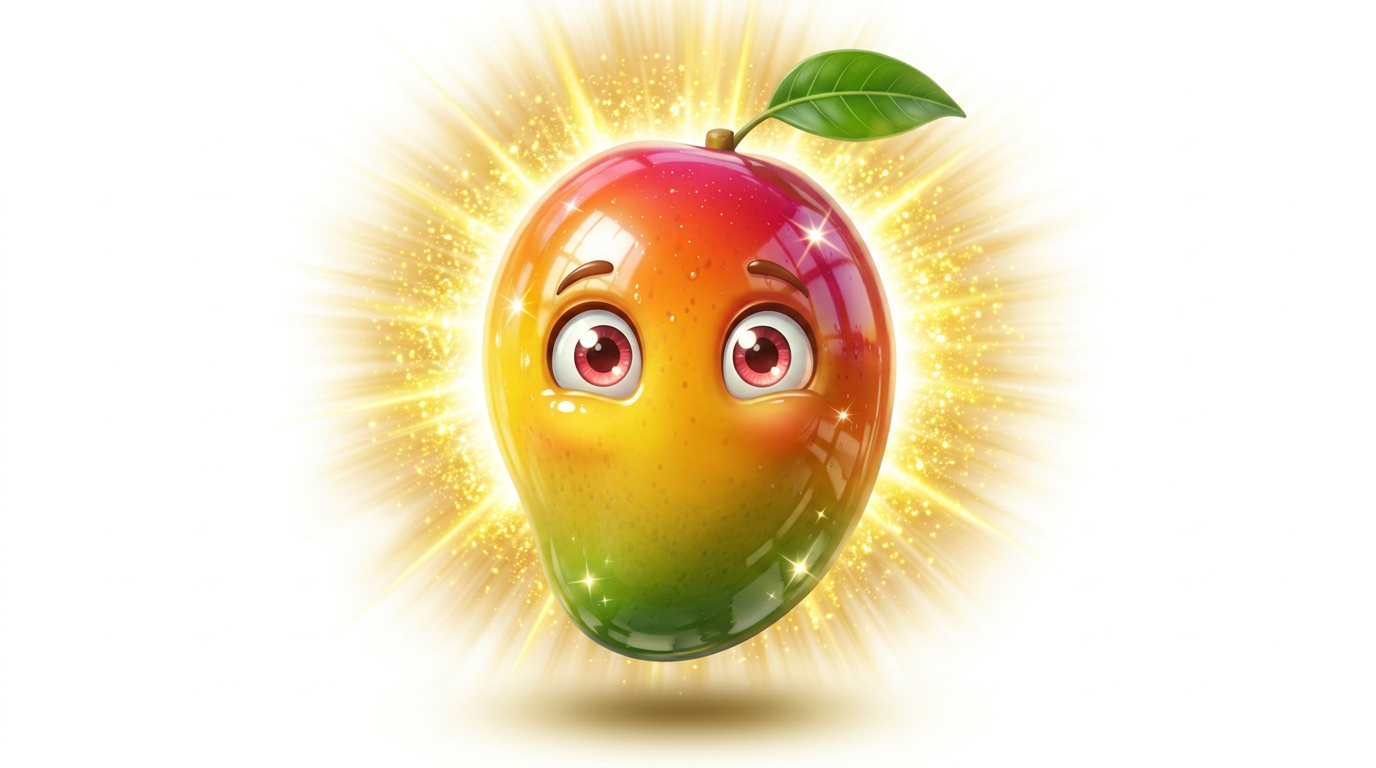 AI Design for big shiny glossy video game collectible mango white background and make it have a golden shine behind them give it a leaf stem and give him eyes and make him happy scrap the mouth and give him ggogly eyes like so to scary make them happy joyfull goofy eyes