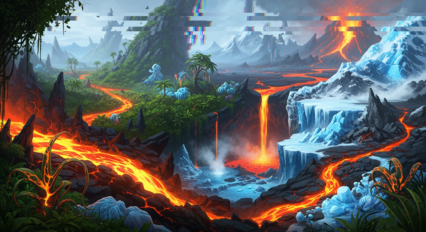 AI Design for 🌋
World 6 of 6
Lava Realm
Ty's domain. Reality breaks down as jungle merges with lava, ice meets fire. Everything is chaos — and the final battle awaits.
Features
Lava Rivers
Merged Biomes
Chaos Zones
Reality Glitches