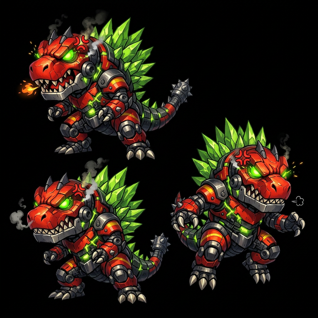 AI Design for design smaller cuter angrier video game henchmen for a video game im working on just dinosaurs with the same vibrant colors
