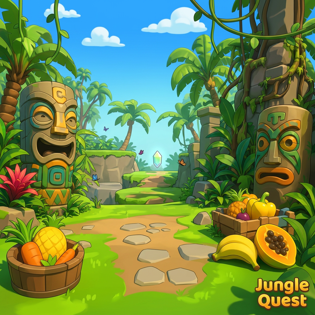 AI Design for MAKE AAN ENVIROMENT WITH THIS AESTHETIC MAKE IT SIMPLE CLEAN CARTOONY SIMPLER CLEAN NOT TO CONFUSING WITH FRUIT PALM TREES VINES like an indie game3 sunny comic style more mgreen  and beatifull world 3d platformer