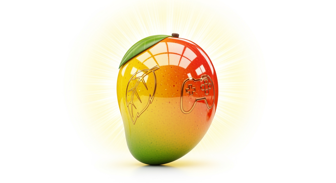 AI Design for big shiny glossy video game collectible mango white background and make it have a golden shine behind them