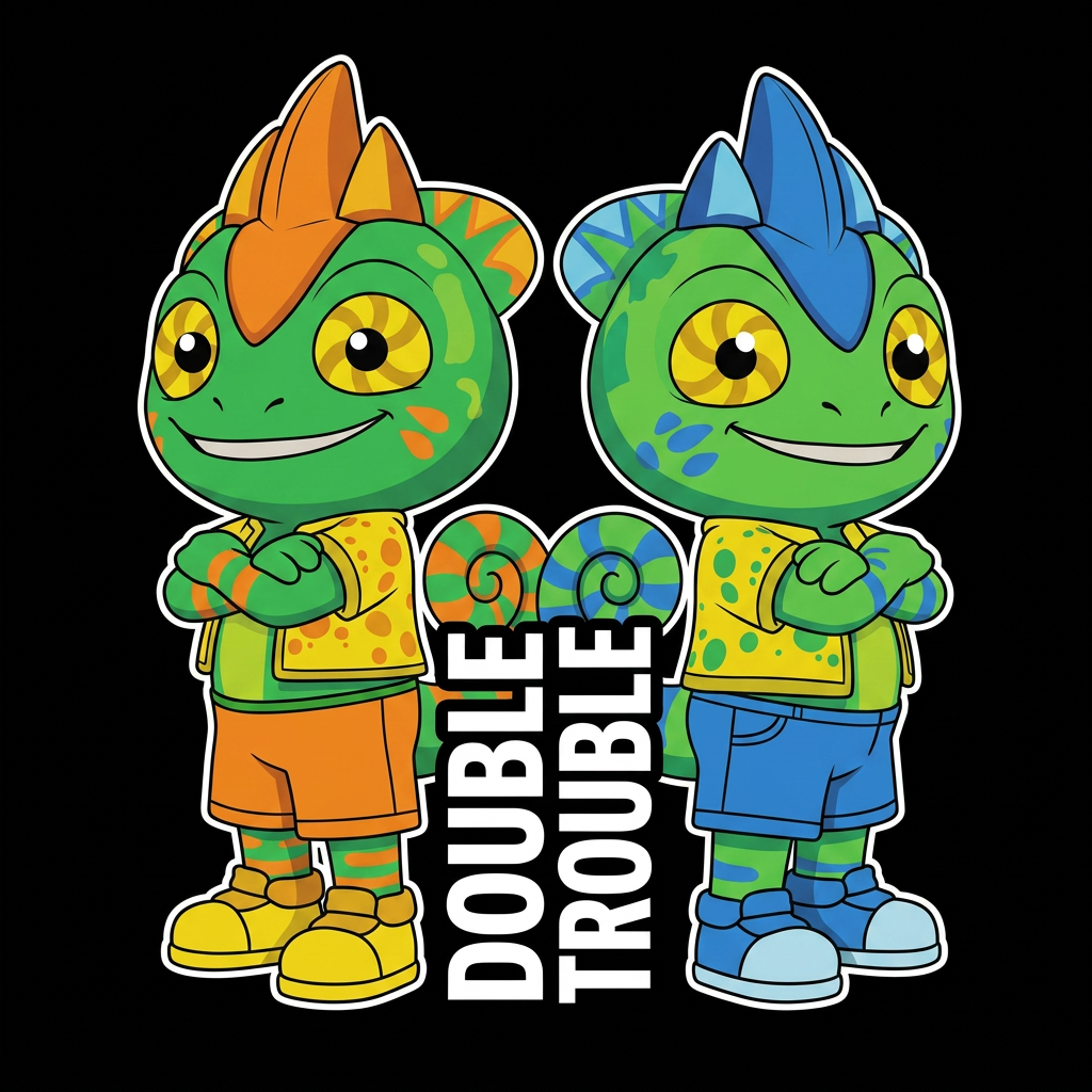 AI Design for So put them in just like cartoonish art style where they don't have too many shadows and I don't like how the text is vertical should make the text normal you should make the green and blue lizard smaller shorter than the green orange One and make it like in this sort of cartoon vector I guess art style with bold and thick lines and not too many shadows and don't change your designs a bit don't