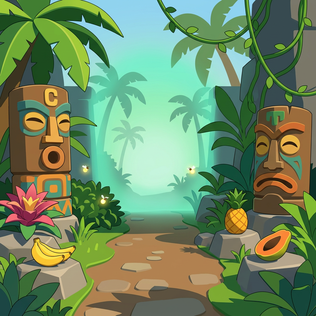 AI Design for MAKE AAN ENVIROMENT WITH THIS AESTHETIC MAKE IT SIMPLE CLEAN CARTOONY SIMPLER CLEAN NOT TO CONFUSING WITH FRUIT PALM TREES VINES like an indie game3