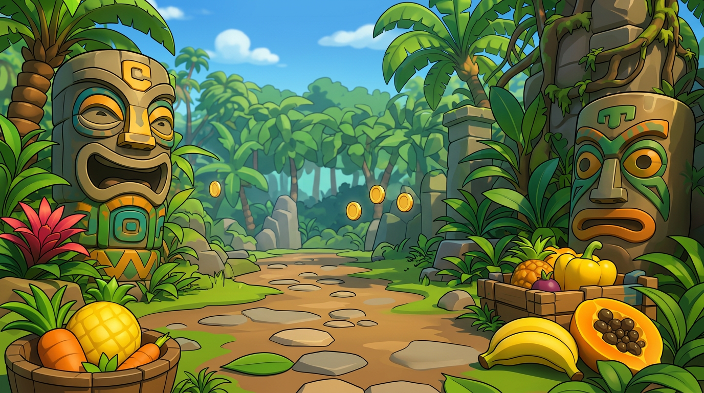 AI Design for MAKE AAN ENVIROMENT WITH THIS AESTHETIC MAKE IT SIMPLE CLEAN CARTOONY SIMPLER CLEAN NOT TO CONFUSING WITH FRUIT PALM TREES VINES like an indie game3 sunny comic style more mgreen  and beatifull world 3d platformer no simple coloring vibrant with minimal comic shading thick black bold lines