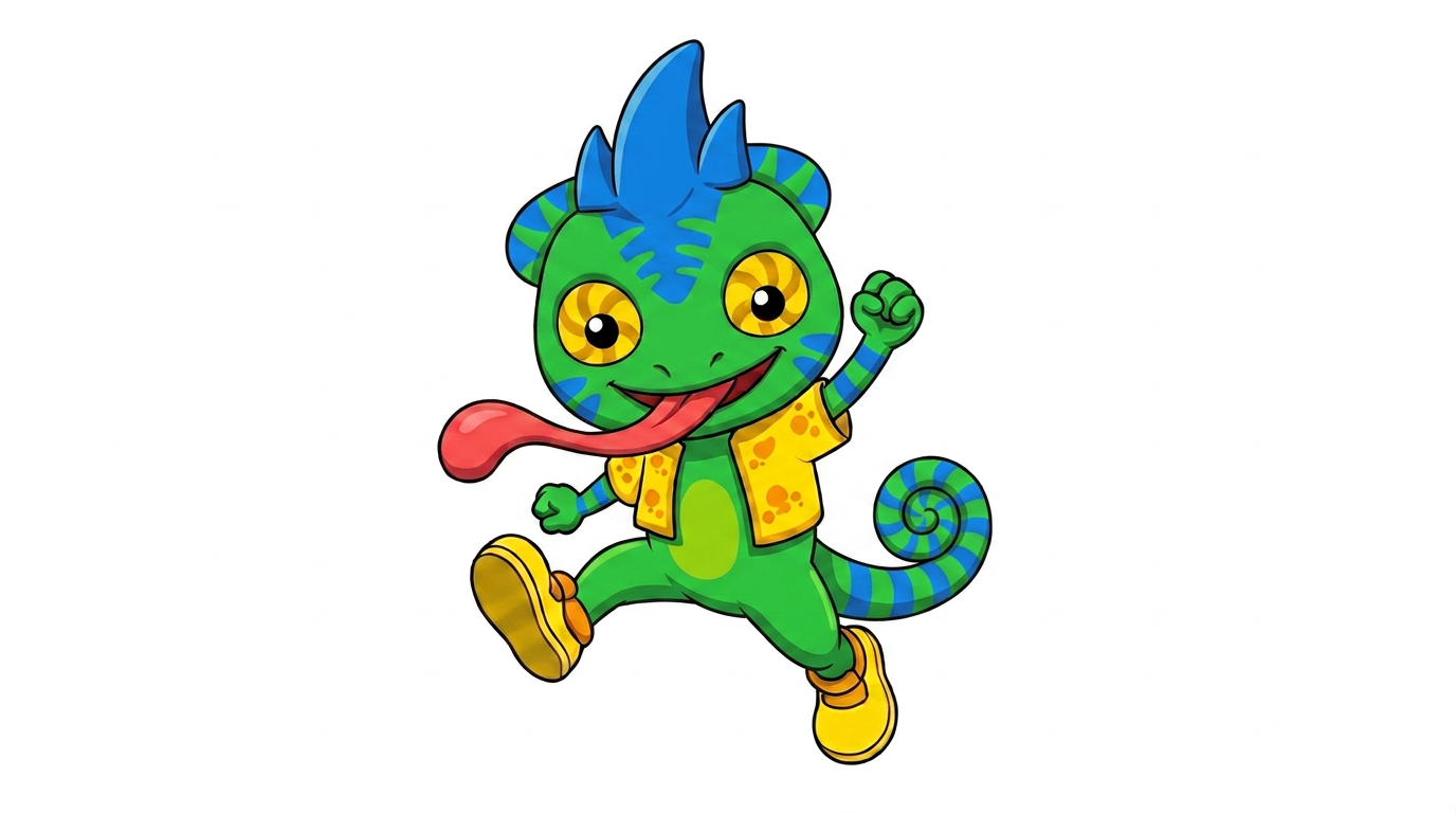 AI Design for do the excact same pose in the oposite dirrection and artstyle as the orange chameleon and make the blue chameleon like him but only the blue chameleoon in the image