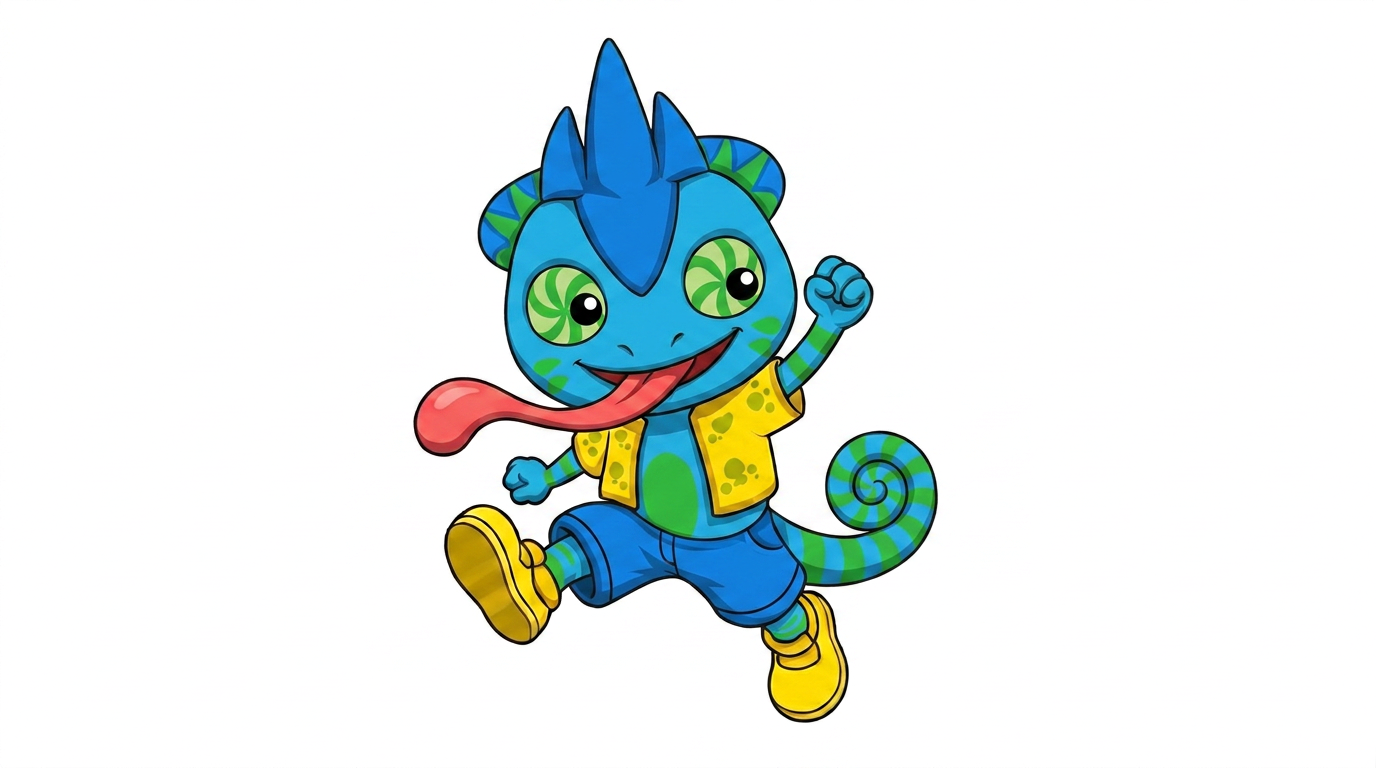 AI Design for the firsdt image has the pose i want to replicate which also has the same drawing style i want to repliocate to the second image with the small blue chameleon which should face the other direction on a white backdrop make him face the right and make him small and chubby