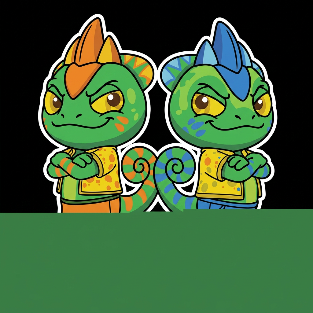 AI Design for Alright make the blue lizard smaller shorter remove the text and put a new block of text that covers their legs and you can barely see their shorts remove their tails it only like their tails and yeah give them make them smile and make their teeth not visible just give them a basic smile and give it like a make the black lines more bolder and the designs like cuter and like you make them look at each other with like smirk smile and they're like evil puny dunes and yeah make the black lines more bolder and the designs like cuter and like you make them look at each other with like smirk smile and they're like evil puny dunes and yeah