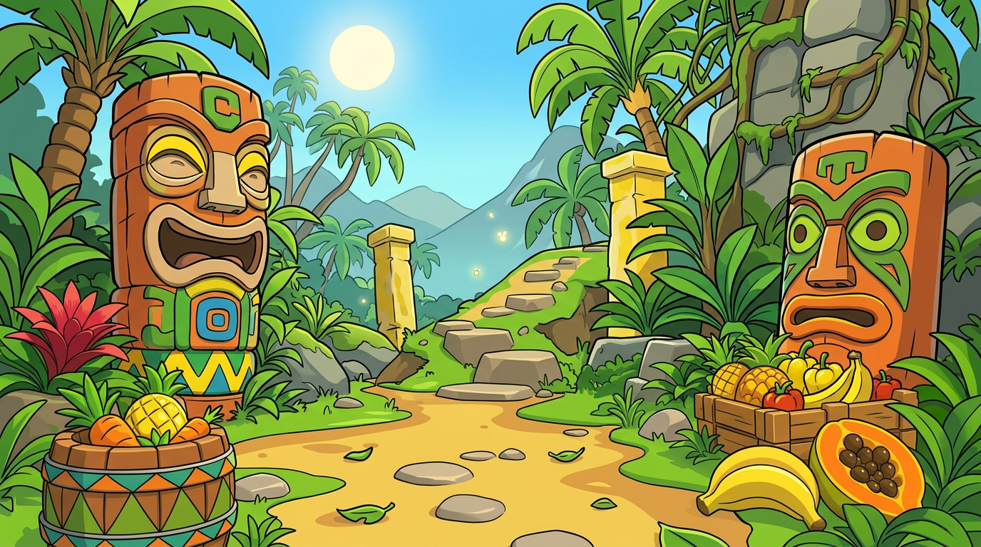 AI Design for MAKE AAN ENVIROMENT WITH THIS AESTHETIC MAKE IT SIMPLE CLEAN CARTOONY SIMPLER CLEAN NOT TO CONFUSING WITH FRUIT PALM TREES VINES like an indie game3 sunny comic style more mgreen  and beatifull world 3d platformer no simple coloring vibrant with minimal comic shading thick black bold lines in a simple enviroment with wood things related to wood are basic clean and have tribal colorings like zigzag lines on colored strip colorfull shapes on tribal parts and tiki heads simple aproachableand lizard like and sotne pillars are yellow ish  only stones and dirt is brown and a bit of yellow mix the tiki heads are orange brown sane with the tiki heads simple yet colorfull with stripes triangles etc and colors of the tribal things re green orange blue red yellow and no pink or purple