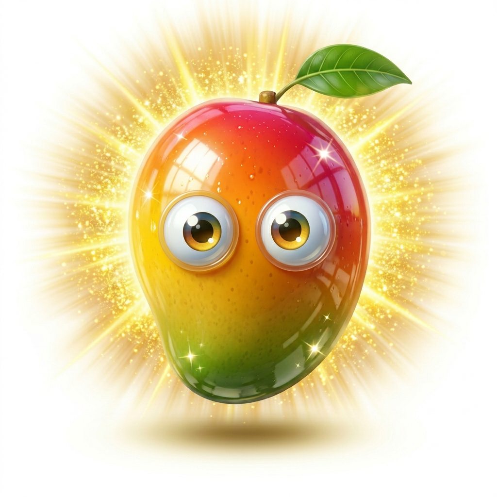 AI Design for big shiny glossy video game collectible mango white background and make it have a golden shine behind them give it a leaf stem and give him eyes and make him happy scrap the mouth and give him ggogly eyes like so to scary make them happy joyfull goofy eyes