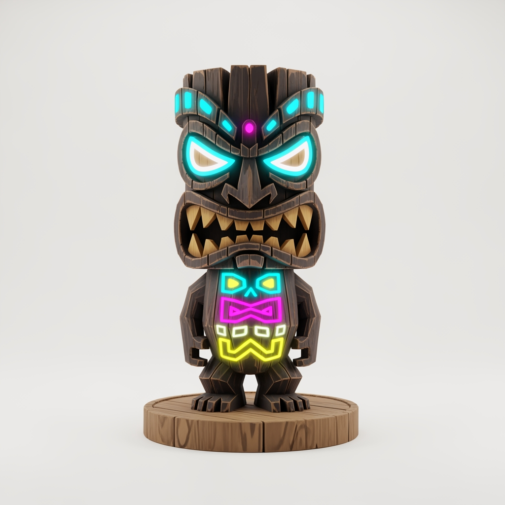 AI Design for make more tiki statue variants and make them more video game like one at a time with white background wooden base and colour patterns