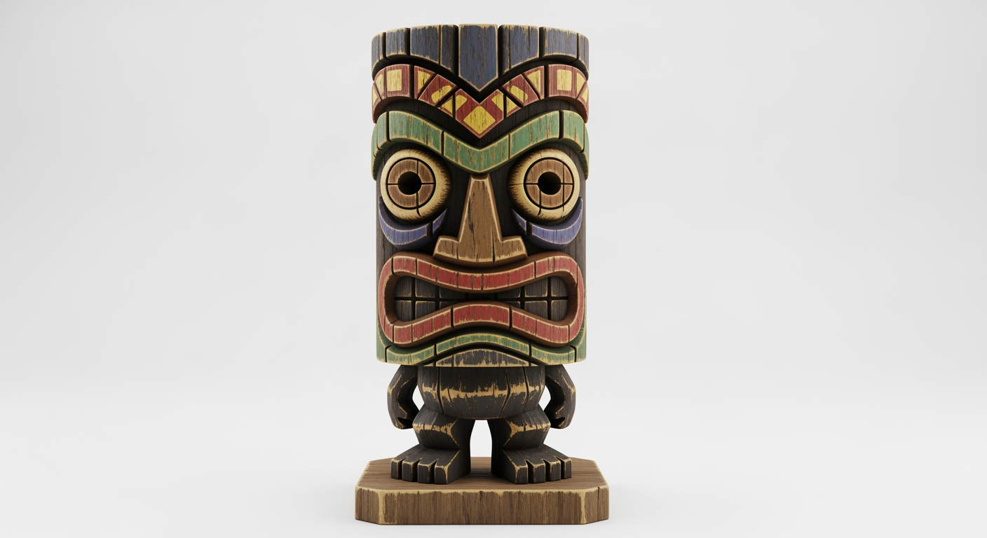 AI Design for make more tiki statue variants and make them more video game like one at a time with white background wooden base and colour patterns not to color full and more wood like and not too angry