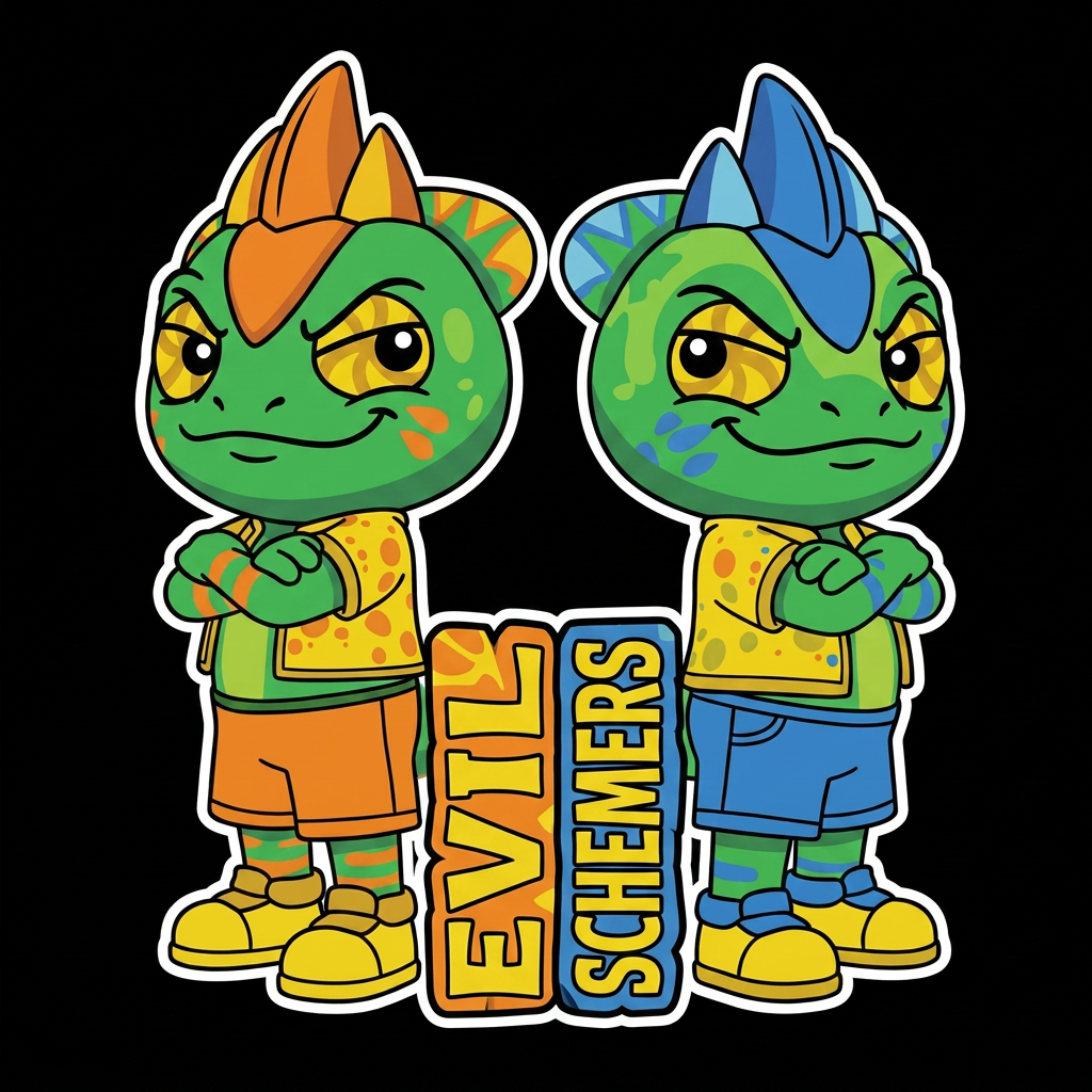 AI Design for Alright make the blue lizard smaller shorter remove the text and put a new block of text that covers their legs and you can barely see their shorts remove their tails it only like their tails and yeah give them make them smile and make their teeth not visible just give them a basic smile and give it like a make the black lines more bolder and the designs like cuter and like you make them look at each other with like smirk smile and they're like evil puny dunes and yeah make the black lines more bolder and the designs like cuter and like you make them look at each other with like smirk smile and they're like evil puny dunes and yeah