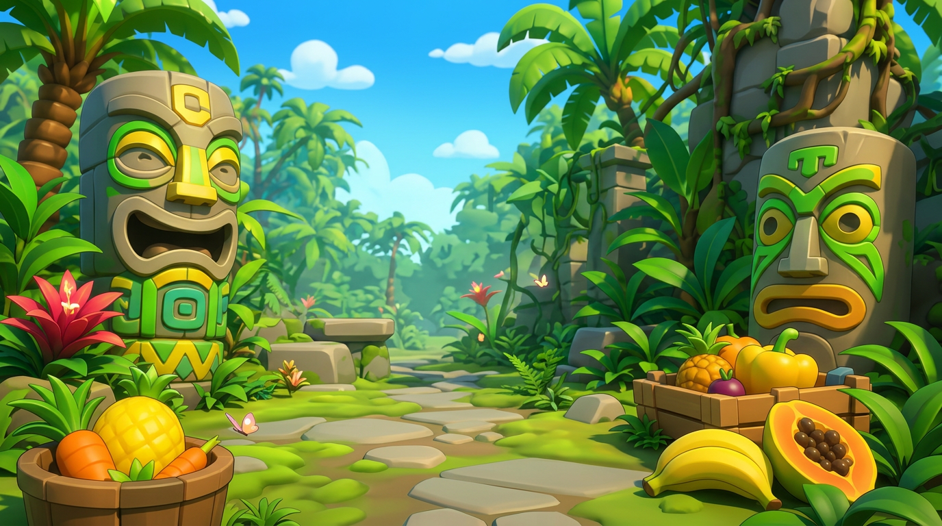 AI Design for MAKE AAN ENVIROMENT WITH THIS AESTHETIC MAKE IT SIMPLE CLEAN CARTOONY SIMPLER CLEAN NOT TO CONFUSING WITH FRUIT PALM TREES VINES like an indie game3 sunny comic style more mgreen  and beatifull world 3d platformer no