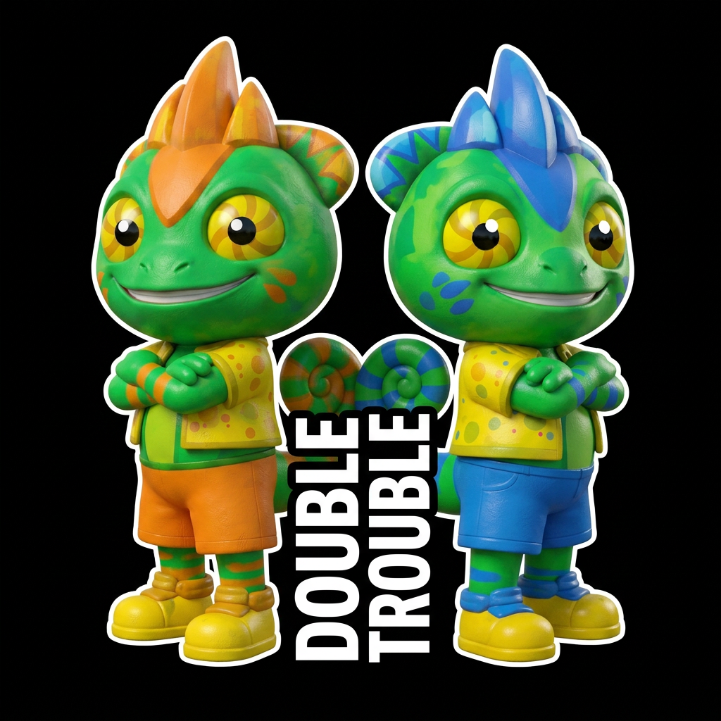 AI Design for Take these two chameleon brothers and put them on a black background an outline them with a white outline make sure that all of their details are visible make both of the characters cross their arms and touch their backs and have a smile like a mean like menacing smile you'd more menacing more cuter and in bold white text like down their bodies so you can really see their legs it says Double Trouble in Big white text and don't change up their details just change up their pose but the on a black background and do everything that