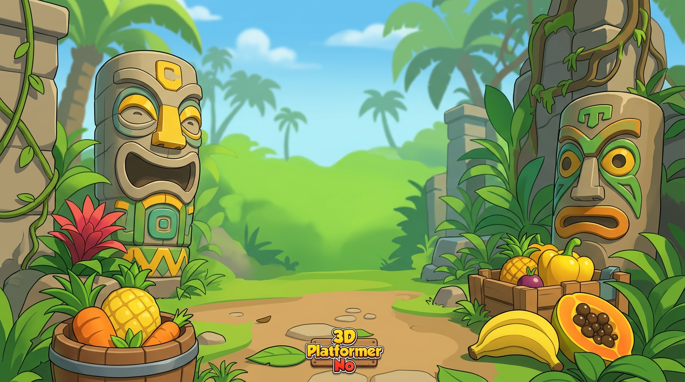 AI Design for MAKE AAN ENVIROMENT WITH THIS AESTHETIC MAKE IT SIMPLE CLEAN CARTOONY SIMPLER CLEAN NOT TO CONFUSING WITH FRUIT PALM TREES VINES like an indie game3 sunny comic style more mgreen  and beatifull world 3d platformer no