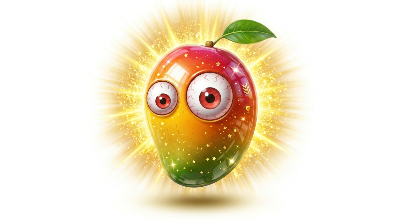 AI Design for big shiny glossy video game collectible mango white background and make it have a golden shine behind them give it a leaf stem and give him eyes and make him happy scrap the mouth and give him ggogly eyes like so