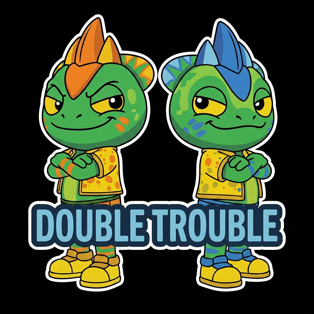 AI Design for Make the lizard on the right hand side smaller and shorter so the lizard with the orange stripes has to look a bit down to see his head and the text instead of being evil schemes is just double trouble and yeah