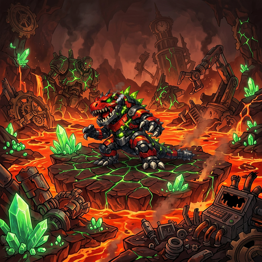 AI Design for design a lava envirtooment for this villian who lives in a video game final boss world filled with lava broken machines and their parts glowing green cracks every where and green crystals out of the red and orange magma video game ground