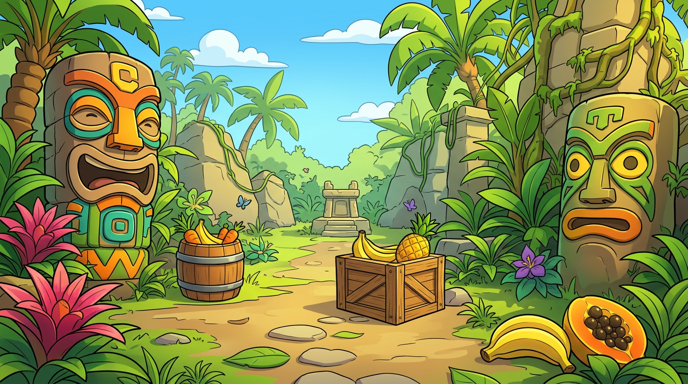 AI Design for MAKE AAN ENVIROMENT WITH THIS AESTHETIC MAKE IT SIMPLE CLEAN CARTOONY SIMPLER CLEAN NOT TO CONFUSING WITH FRUIT PALM TREES VINES like an indie game3 sunny comic style more mgreen  and beatifull world 3d platformer no simple coloring vibrant with minimal comic shading thick black bold lines