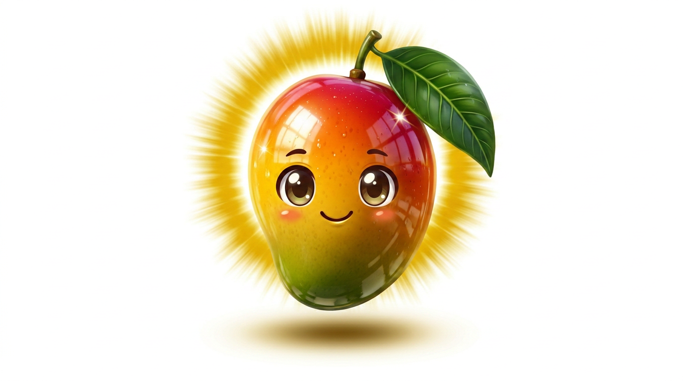 AI Design for big shiny glossy video game collectible mango white background and make it have a golden shine behind them give it a leaf stem and give him eyes and make him happy