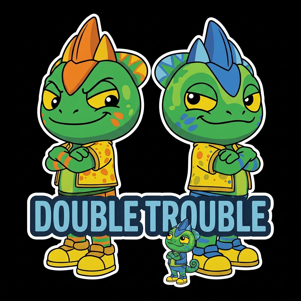 AI Design for Make the lizard on the right hand side smaller and shorter so the lizard with the orange stripes has to look a bit down to see his head and the text instead of being evil schemes is just double trouble and yeah