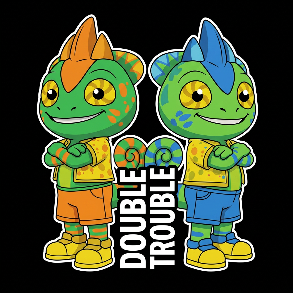 AI Design for So put them in just like cartoonish art style where they don't have too many shadows and I don't like how the text is vertical should make the text normal you should make the green and blue lizard smaller shorter than the green orange One and make it like in this sort of cartoon vector I guess art style with bold and thick lines and not too many shadows and don't change your designs a bit don't