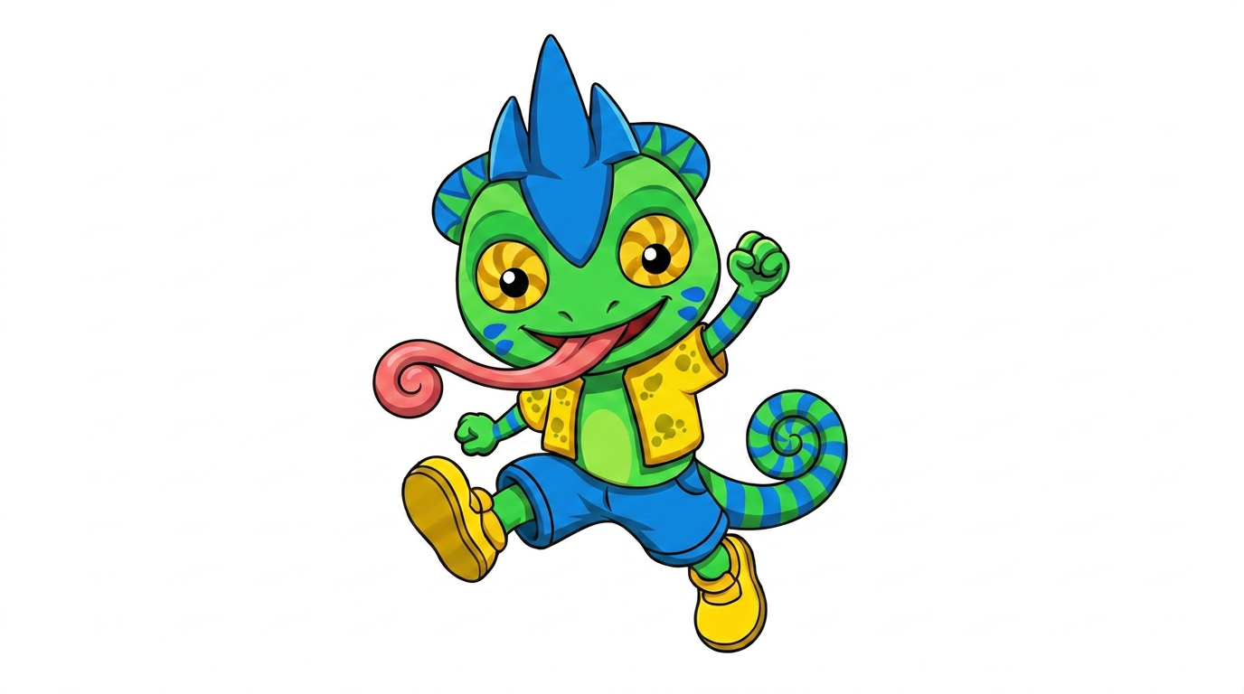 AI Design for do the excact same pose in the oposite dirrection and artstyle as the orange chameleon and make the blue chameleon like him but only the blue chameleoon in the image