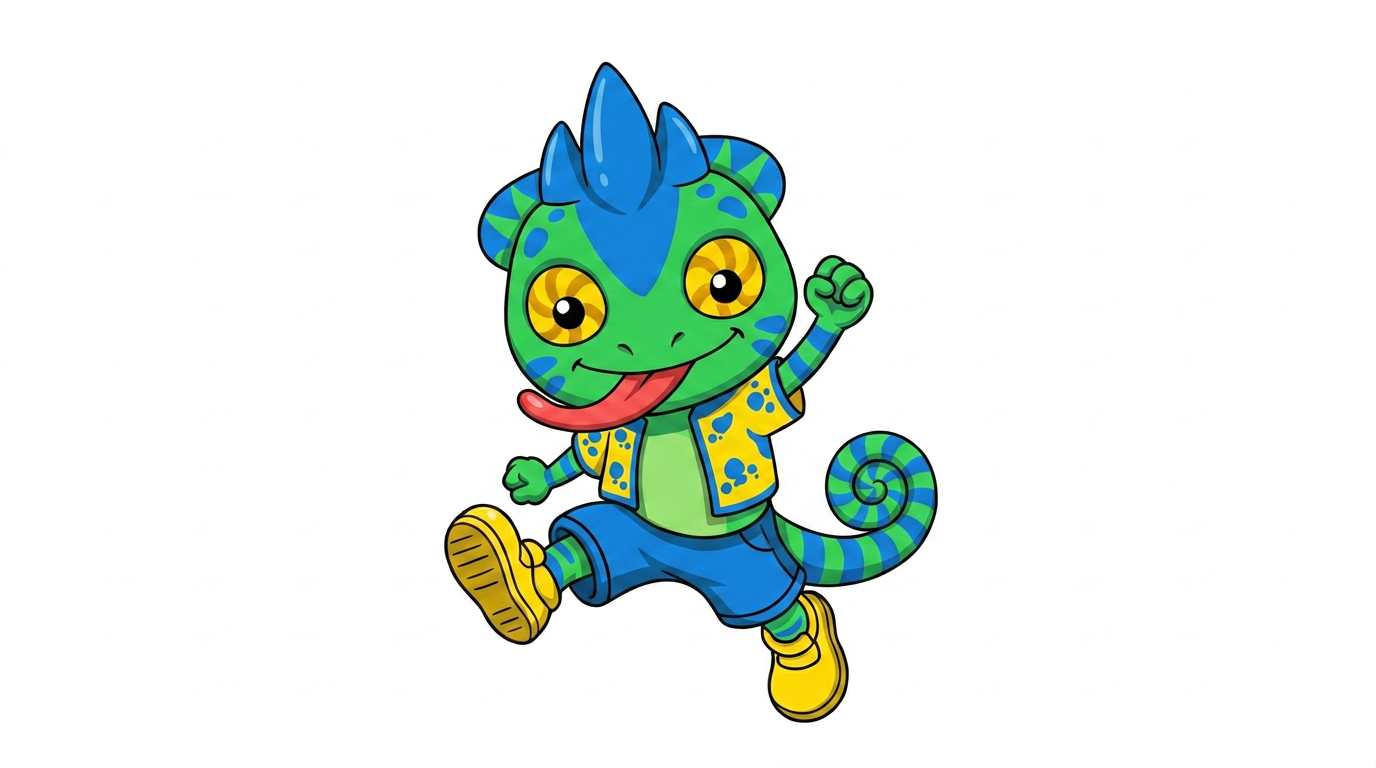 AI Design for the firsdt image has the pose i want to replicate which also has the same drawing style i want to repliocate to the second image with the small blue chameleon which should face the other direction on a white backdrop make him face the right and make him small and chubby