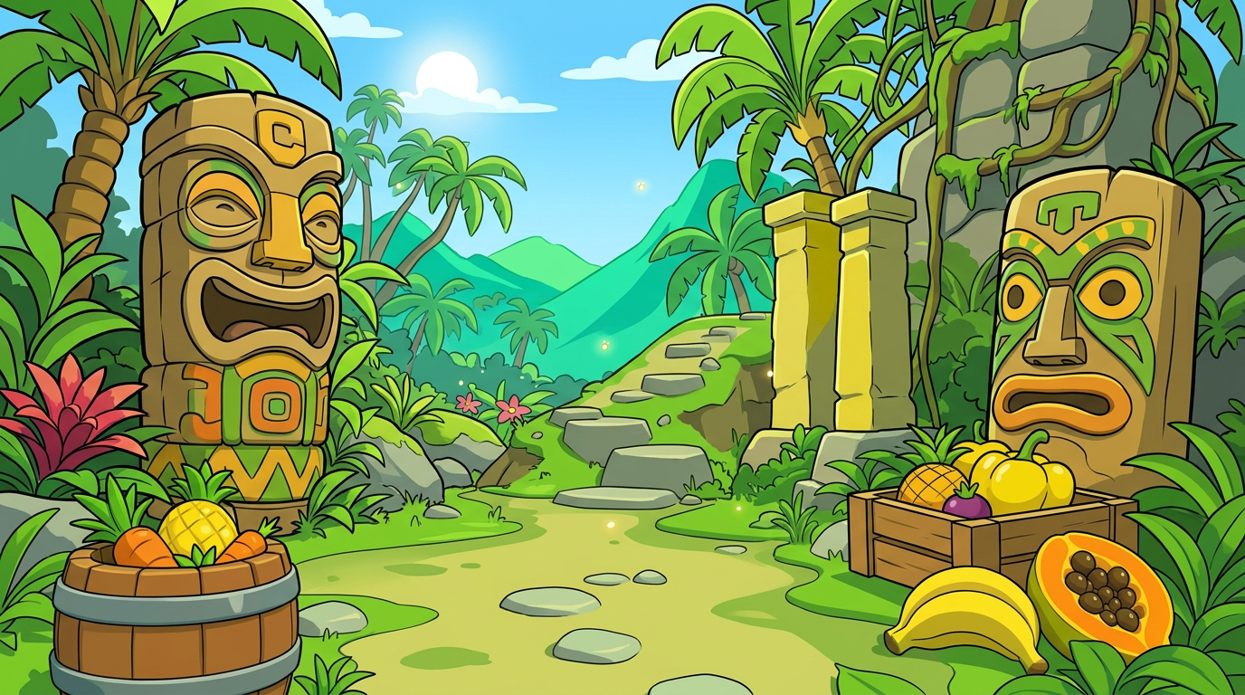 AI Design for MAKE AAN ENVIROMENT WITH THIS AESTHETIC MAKE IT SIMPLE CLEAN CARTOONY SIMPLER CLEAN NOT TO CONFUSING WITH FRUIT PALM TREES VINES like an indie game3 sunny comic style more mgreen  and beatifull world 3d platformer no simple coloring vibrant with minimal comic shading thick black bold lines in a simple enviroment with wood things related to wood are basic clean and have tribal colorings like zigzag lines on colored strip colorfull shapes on tribal parts and tiki heads simple aproachableand lizard like and sotne pillars are yellow ish sane with the tiki heads simple yet colorfull with stripes triangles etc