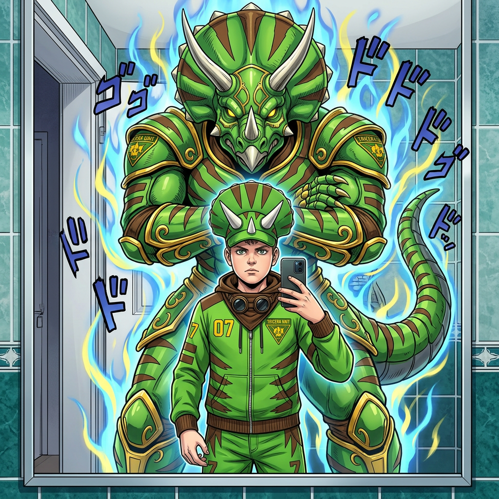 AI Design for give me a jojos bizzare adventure styled stand that is a spirt that embodies the users power and stands tall above them my outfit has the hat pants hoodie and goggles in a resting position same with the hood and the stand is mighty powerfull strongly resembles an armored triceratops with stripesgreen base brown stripes and yellow accents of choice dont make me anime style just the clothes and stand and the hood should rest on my shoulders3