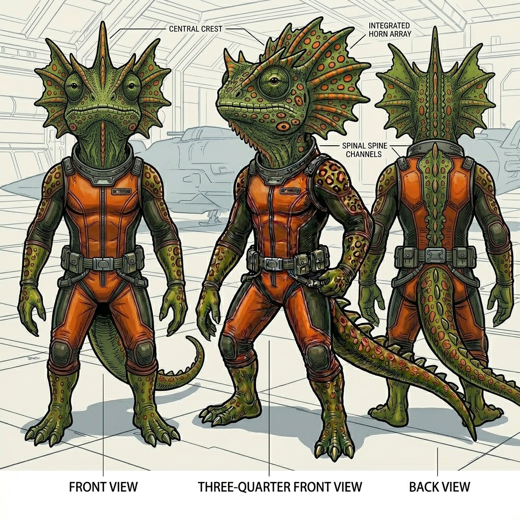 AI Design for generate this horned mowhawk lizard from different angles not a side mowhawk a mowhawk crest running throught the midddle centre