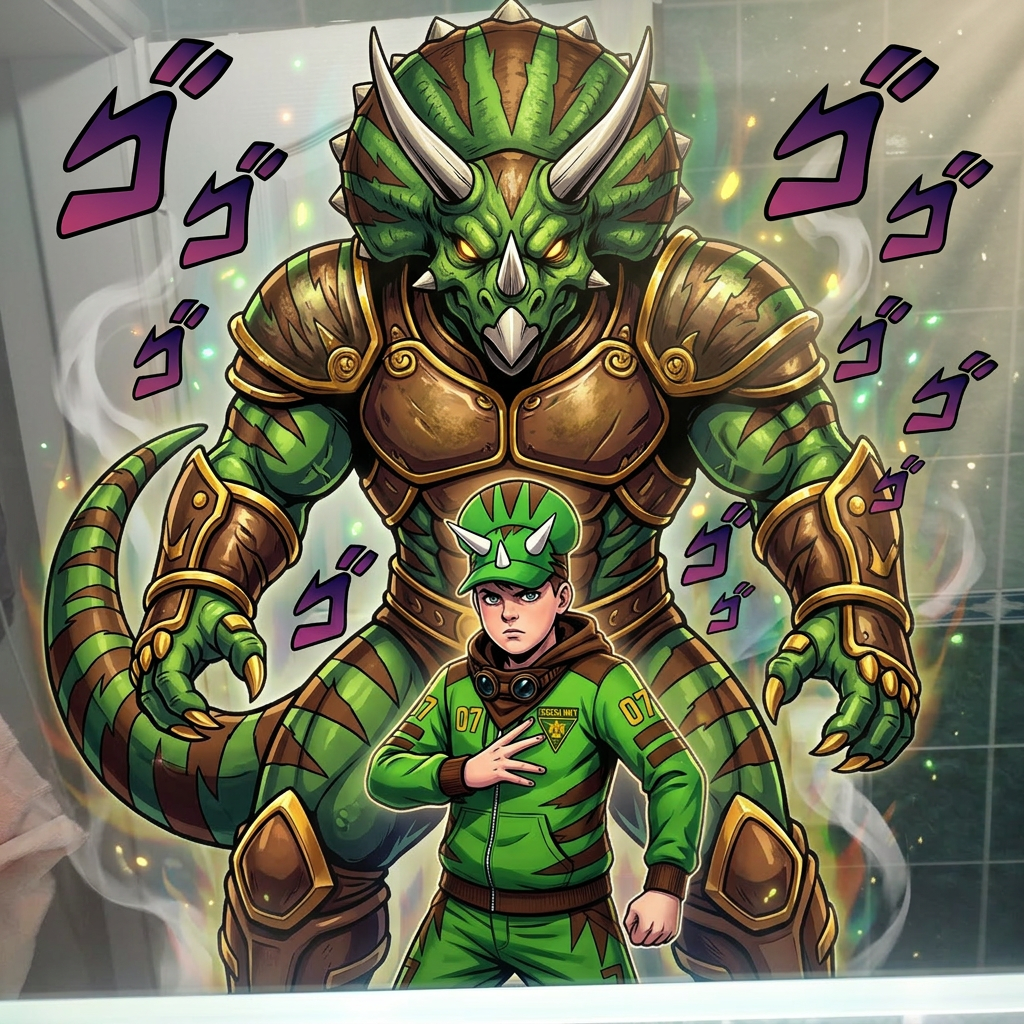 AI Design for give me a jojos bizzare adventure styled stand that is a spirt that embodies the users power and stands tall above them my outfit has the hat pants hoodie and goggles in a resting position same with the hood and the stand is mighty powerfull strongly resembles an armored triceratops with stripesgreen base brown stripes and yellow accents of choice dont make me anime style just the clothes and stand and the hood should rest on my shoulders3