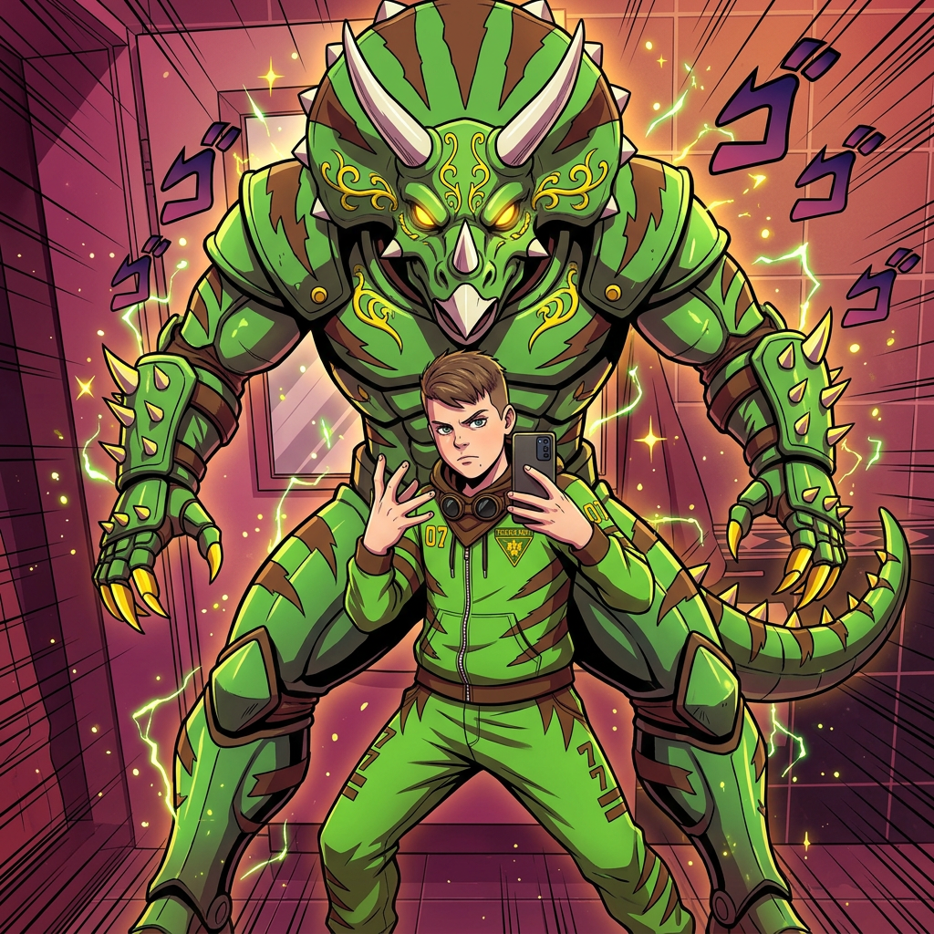 AI Design for give me a jojos bizzare adventure styled stand that is a spirt that embodies the users power and stands tall above them my outfit has the hat pants hoodie and goggles in a resting position same with the hood and the stand is mighty powerfull strongly resembles an armored triceratops with stripesgreen base brown stripes and yellow accents of choice
