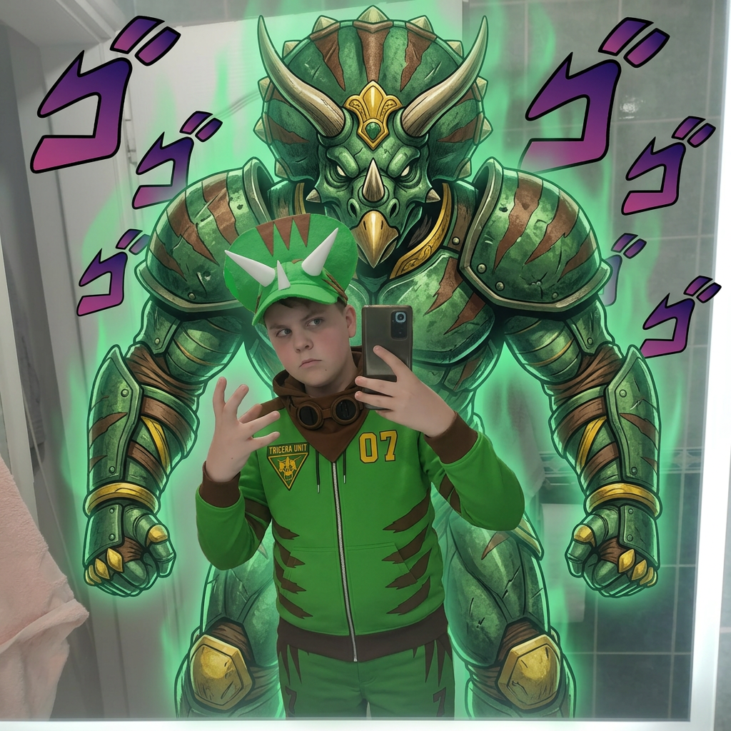 AI Design for give me a jojos bizzare adventure styled stand that is a spirt that embodies the users power and stands tall above them my outfit has the hat pants hoodie and goggles in a resting position same with the hood and the stand is mighty powerfull strongly resembles an armored triceratops with stripesgreen base brown stripes and yellow accents of choice dont make me anime style just the clothes and stand and the hood should rest on my shoulders3