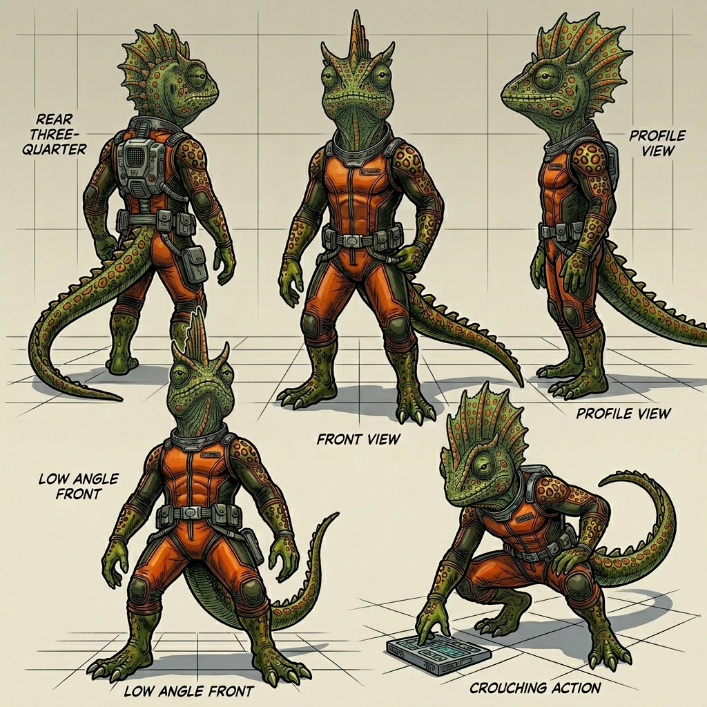 AI Design for generate this horned mowhawk lizard from different angles not a side mowhawk a mowhawk crest running throught the midddle centre