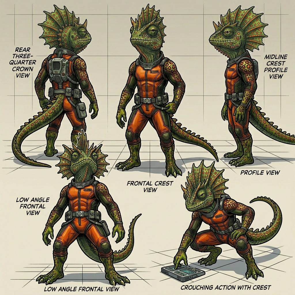 AI Design for generate this horned mowhawk lizard from different angles not a side mowhawk a mowhawk crest running throught the midddle centre