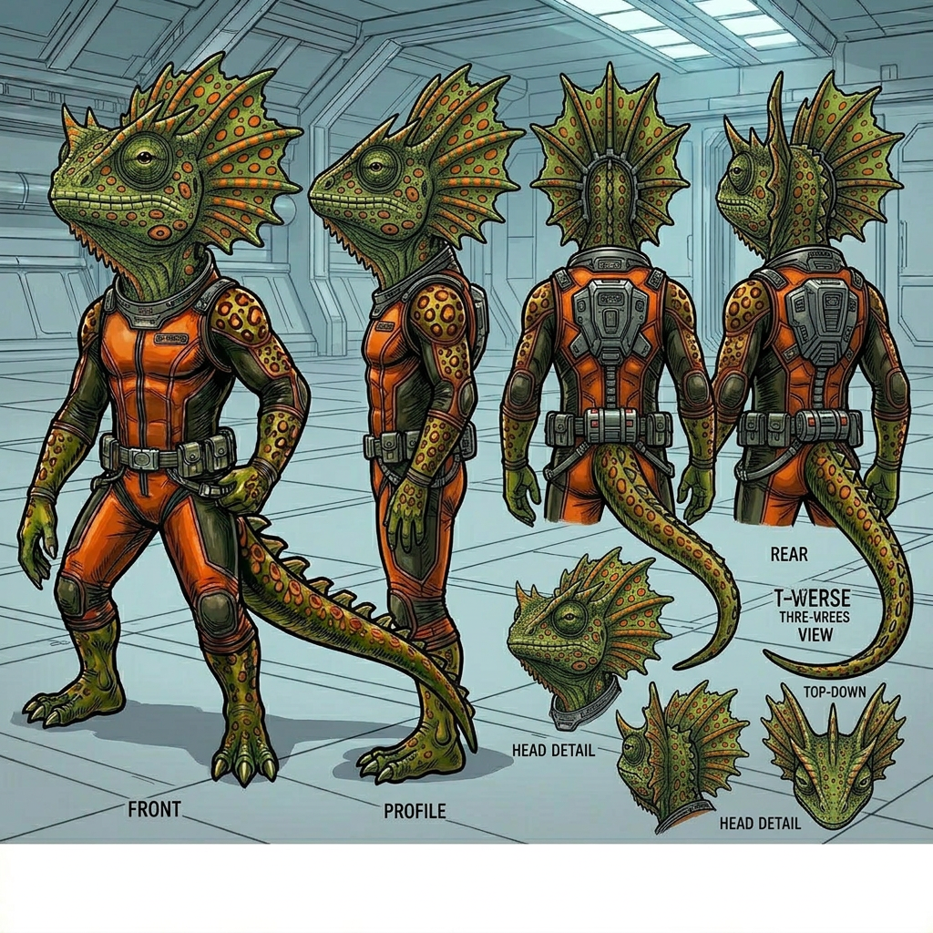 AI Design for generate this horned mowhawk lizard from different angles
