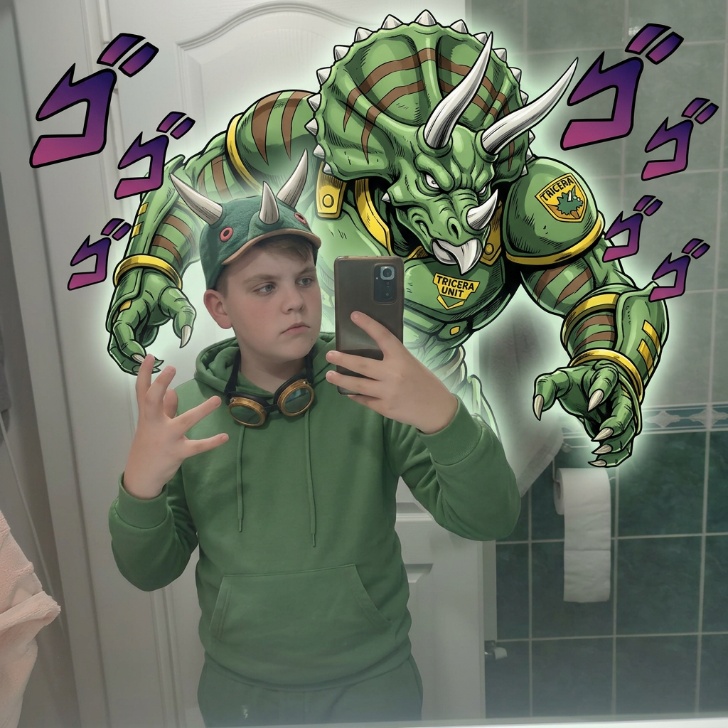AI Design for give me a jojos bizzare adventure styled stand that is a spirt that embodies the users power and stands tall above them my outfit has the hat pants hoodie and goggles in a resting position same with the hood and the stand is mighty powerfull strongly resembles an armored triceratops with stripesgreen base brown stripes and yellow accents of choice dont make me anime style just the clothes and stand and the hood should rest on my shoulders3