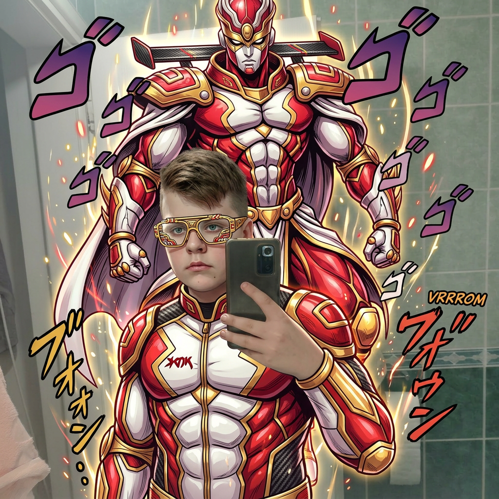 AI Design for give me a jojos bizzare adventure styled stand that is a spirt that embodies the users power and stands tall above them make it red white and gold and put me on the image and dont change my look or art stylr and give me gold glasses like racing ones fully gold and a red white gold racing uniform and make me more muscullar and hot