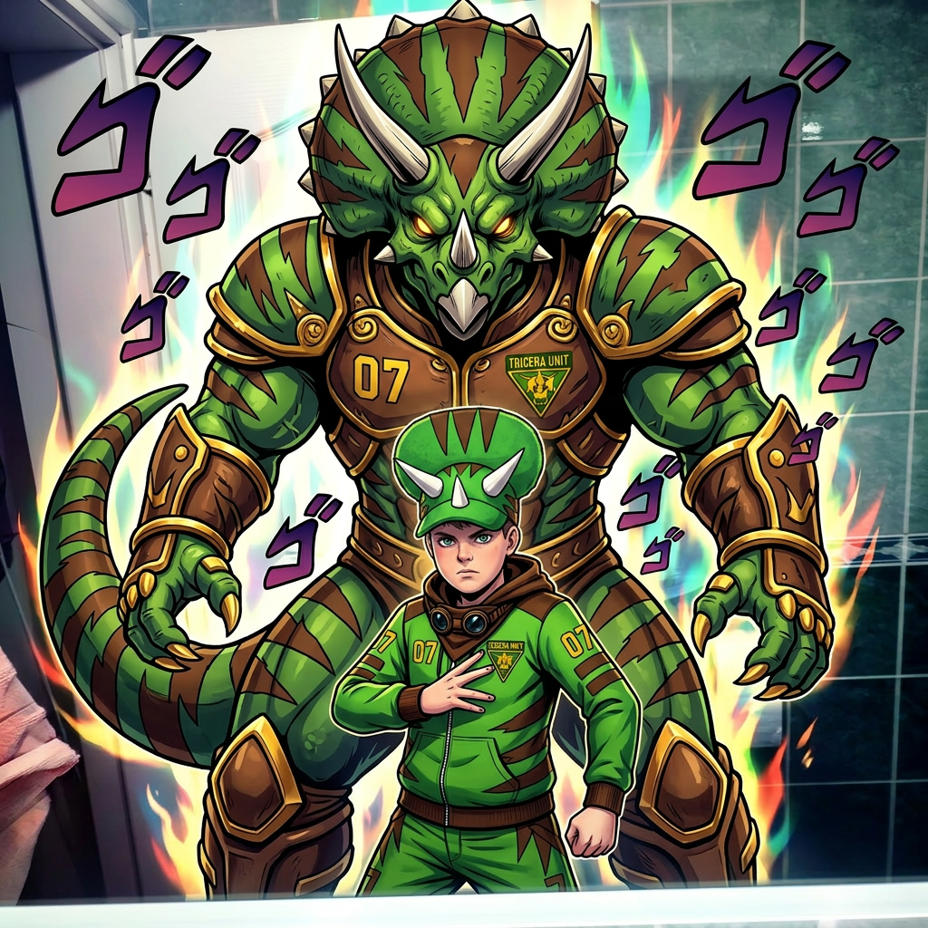 AI Design for give me a jojos bizzare adventure styled stand that is a spirt that embodies the users power and stands tall above them my outfit has the hat pants hoodie and goggles in a resting position same with the hood and the stand is mighty powerfull strongly resembles an armored triceratops with stripesgreen base brown stripes and yellow accents of choice dont make me anime style just the clothes and stand and the hood should rest on my shoulders3