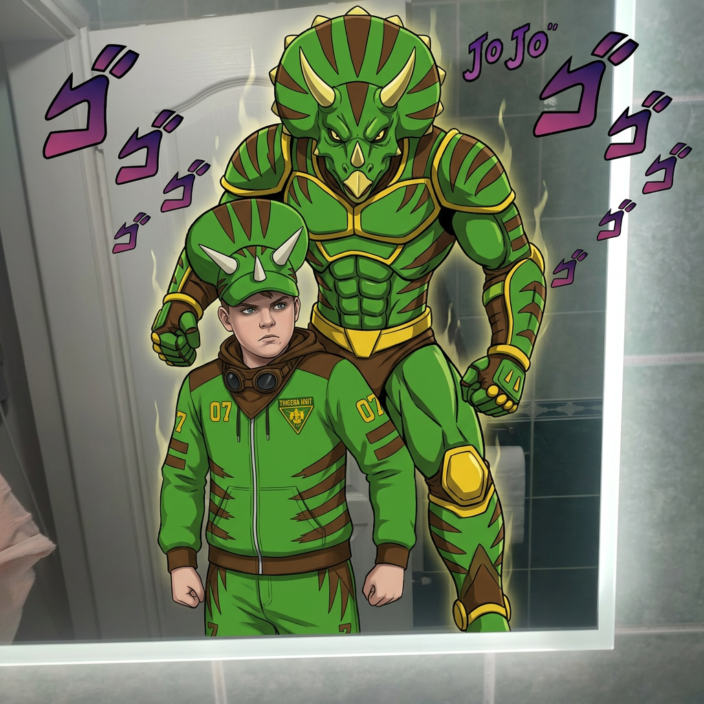 AI Design for give me a jojos bizzare adventure styled stand that is a spirt that embodies the users power and stands tall above them my outfit has the hat pants hoodie and goggles in a resting position same with the hood and the stand is mighty powerfull strongly resembles an armored triceratops with stripesgreen base brown stripes and yellow accents of choice dont make me anime style just the clothes and stand and the hood should rest on my shoulders3