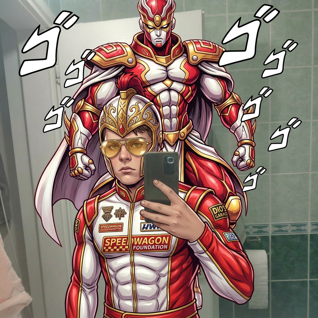AI Design for give me a jojos bizzare adventure styled stand that is a spirt that embodies the users power and stands tall above them make it red white and gold and put me on the image and dont change my look or art stylr and give me gold glasses like racing ones fully gold and a red white gold racing uniform and make me more muscullar and hot cool helmety included onlt barely covering a part of my face mouth and face visible