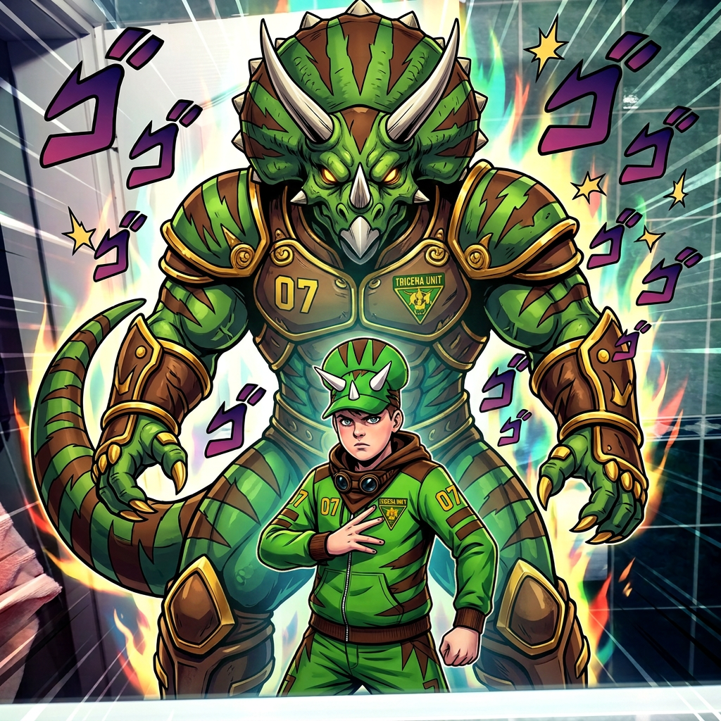 AI Design for give me a jojos bizzare adventure styled stand that is a spirt that embodies the users power and stands tall above them my outfit has the hat pants hoodie and goggles in a resting position same with the hood and the stand is mighty powerfull strongly resembles an armored triceratops with stripesgreen base brown stripes and yellow accents of choice dont make me anime style just the clothes and stand and the hood should rest on my shoulders3