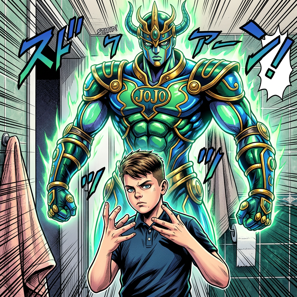 AI Design for give me a jojos bizzare adventure styled stand that is a spirt that embodies the users power and stands tall above them make it green blue and gold