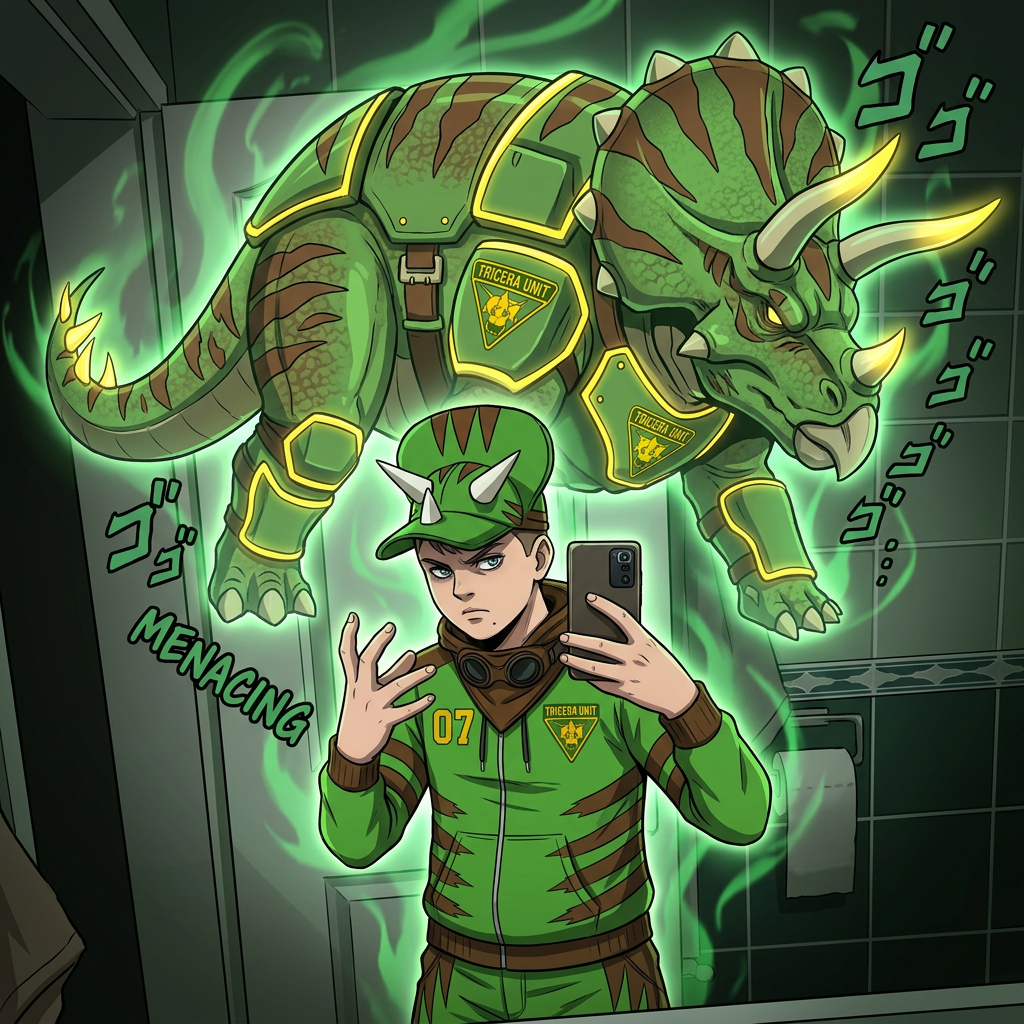 AI Design for give me a jojos bizzare adventure styled stand that is a spirt that embodies the users power and stands tall above them my outfit has the hat pants hoodie and goggles in a resting position same with the hood and the stand is mighty powerfull strongly resembles an armored triceratops with stripesgreen base brown stripes and yellow accents of choice